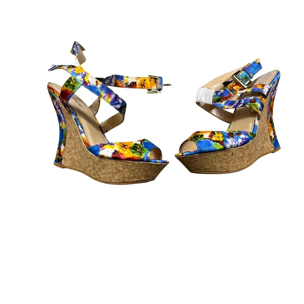 Womens Size 8.5 Multicolor Cork Wedge Heels Platform Sandals‎ Ankle Strap Bumper